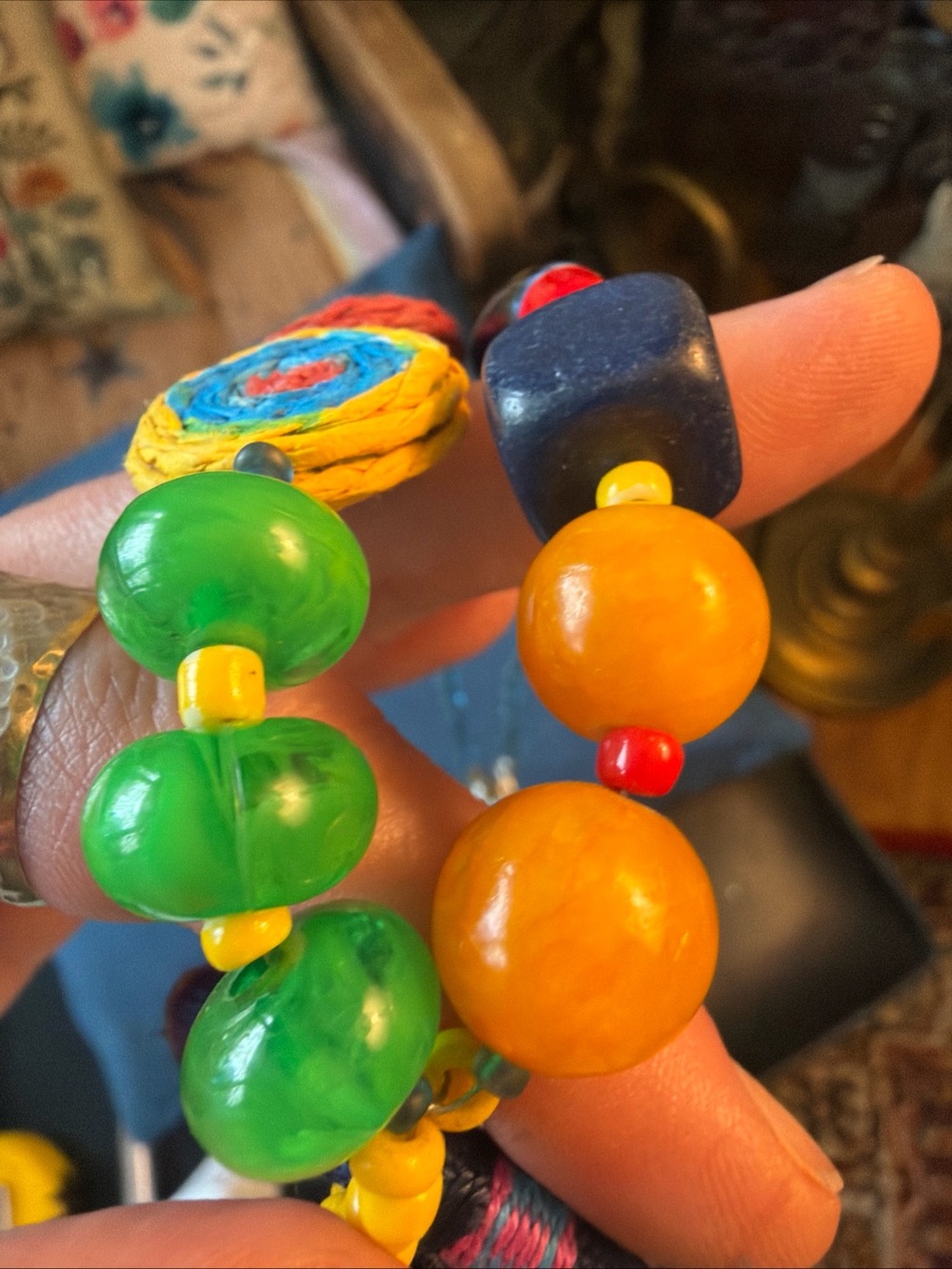 Colorful Boho Multi-Bead Pendant Necklace - Vibrant Green & Yellow Artisan made - Picture 9 of 9